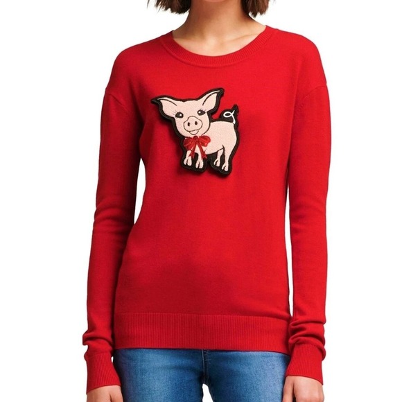 $49 DKNY Red Sweater Pig Applique Long Sleeve Knit Crew Neck Pullover Top - Picture 1 of 2